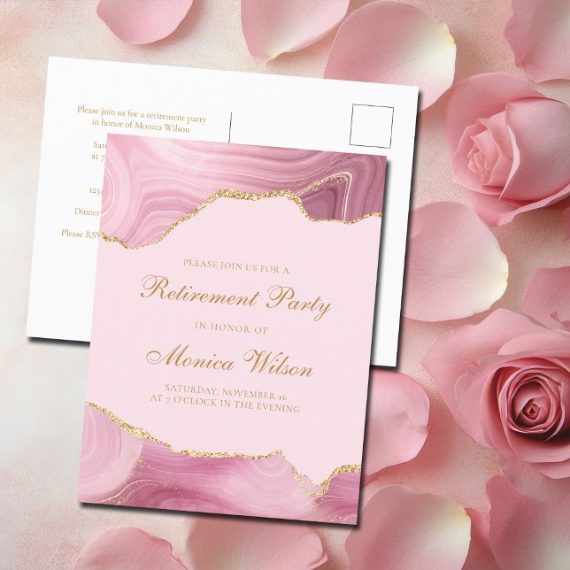 Chic Retirement Party Pink Gold Agate Einladungspostkarte (Von Creator hochgeladen)