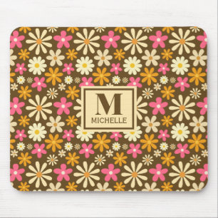 Chic Retro 70er Groovy Hippie Blume Monogramm Mousepad