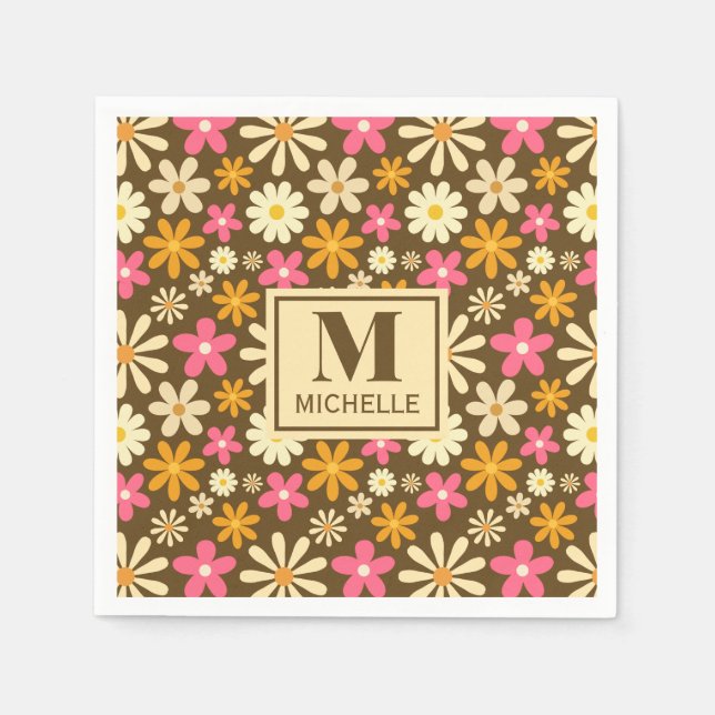 Chic Retro 70er Groovy Hippie Blume Monogramm Serviette (Vorderseite)