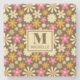 Chic Retro 70er Groovy Hippie Blume Monogramm Steinuntersetzer