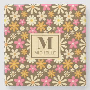 Chic Retro 70er Groovy Hippie Blume Monogramm Steinuntersetzer