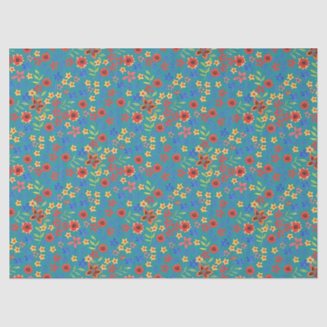 Chic Retro Ditsy mit Blumen auf aquamarinem Seidenpapier (Vorderseite)