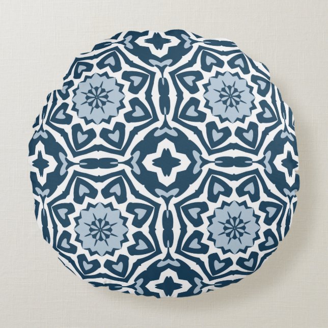Chic Retro Dutch Delfts Blue Mosaic Muster Rundes Kissen (Vorderseite)