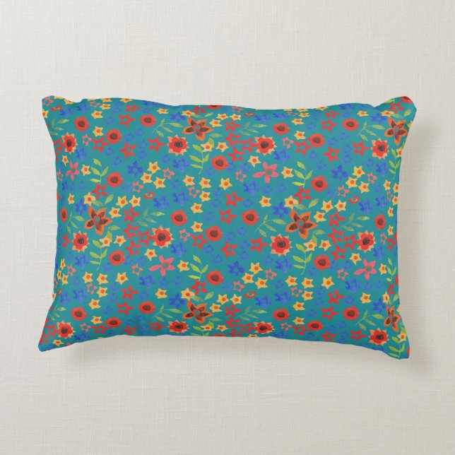 Chic Retro Floral Imprimer sur Coussin Accent Turq (Dos)
