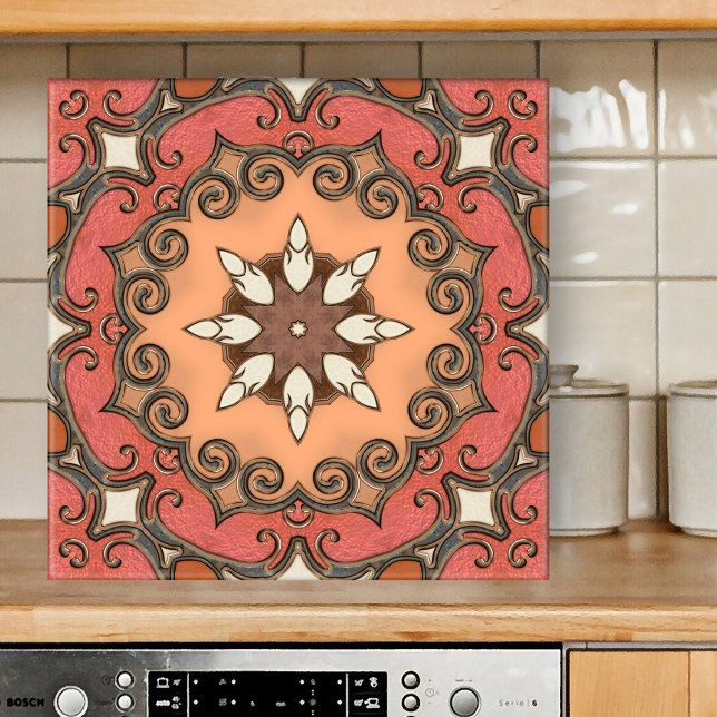 Chic Retro Floral Mediterranes geometrisches Tile Fliese (Abstract design tile showing a geometric floral pattern inspired by Mediterranean art in terracotta)