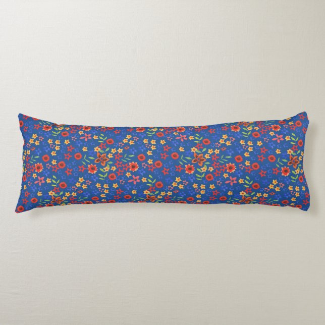 Chic Retro Floral Print auf blauem Kissen (Vorderseite)