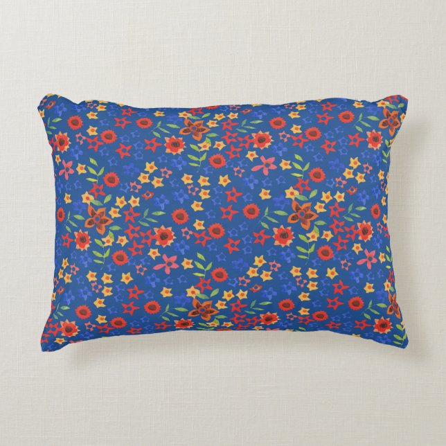 Chic Retro Floral Print auf Blue Accent Pillow Dekokissen (Vorderseite)