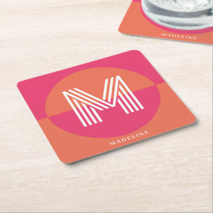 Chic Retro Pink Orange Geometrisch Modernes Monogr Rechteckiger Pappuntersetzer