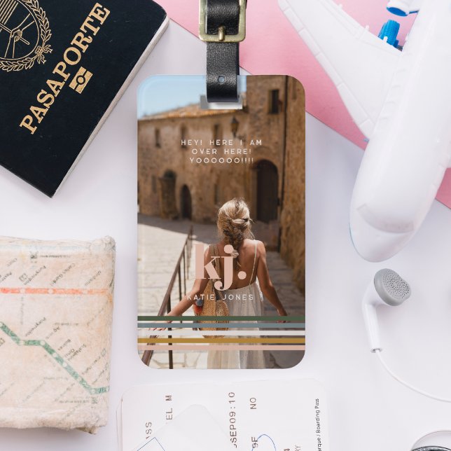 Chic Retro Streifen Monogramm und Foto Gepäckanhänger (Von Creator hochgeladen)