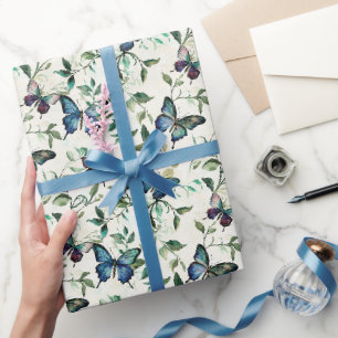 Chic Romantic Blue Butterflies Brautparty Geschenkpapier