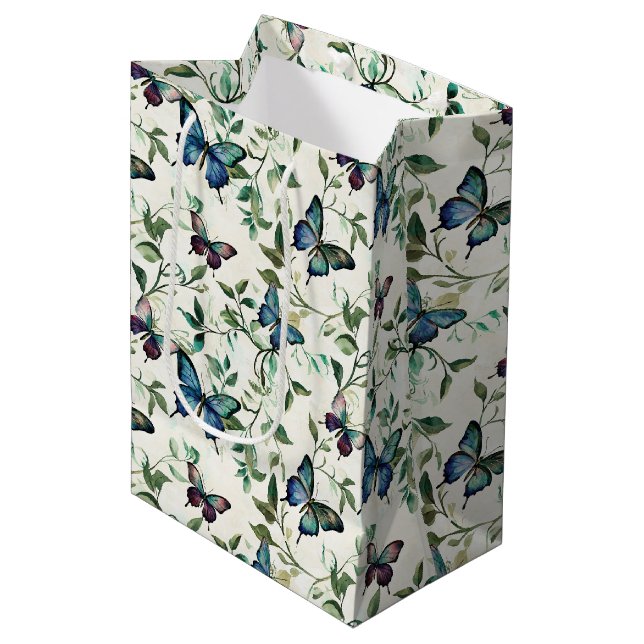 Chic Romantic Blue Butterflies Brautparty Mittlere Geschenktüte (Vorderseite Schrägansicht)
