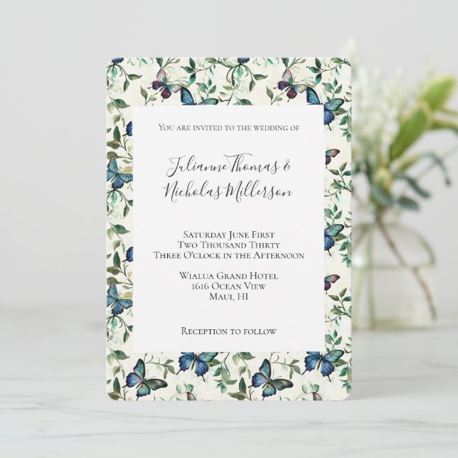 Chic Romantic Blue Butterflies Hochzeit Einladung (Stehend Vorderseite)