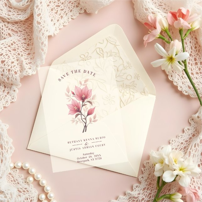 Chic Romantic Floral Botanical Posy in Pink (Chic Romantic Floral Botanical Posy in Pink Vellum Overlay Papers for Wedding Save the Date Cards.)