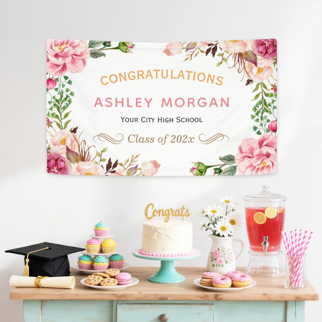 Chic Romantic Floral Wrapped Graduation Party Banner (Von Creator hochgeladen)