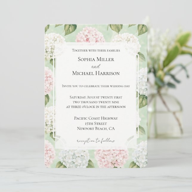 Chic Romantic Pink Blue White Floral Hochzeit Einladung (Stehend Vorderseite)