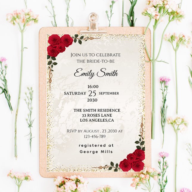 Chic Romantic Rote Rosen & Gold Foil Brautparty Einladung (Von Creator hochgeladen)