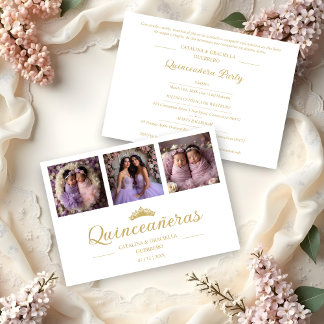 Chic Romantic Then & Now 3-Photo Twins Quinceañera Einladung