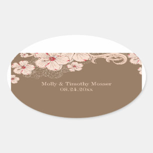 Chic rosa brauner Hibiskus Blume Hochzeitsaufklebe Ovaler Aufkleber