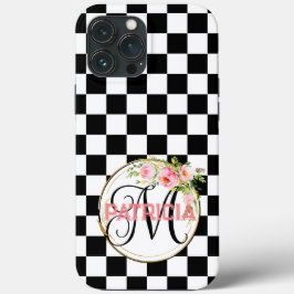 Chic rosa Monogramm Blume schwarz-weiß kariert Case-Mate iPhone Hülle