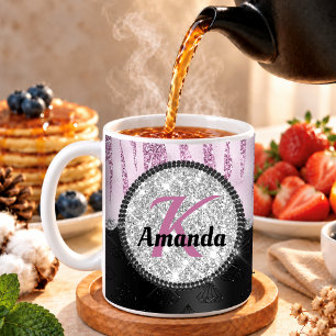 Chic rosa schwarzer falscher Glitter-Tierdruck-Mon Kaffeetasse