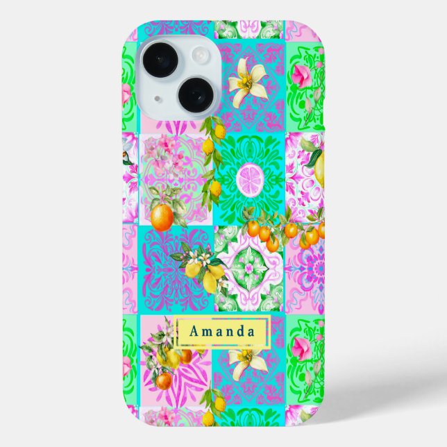 Chic rosa sizilianische Zitruscollage Blumenziegel Case-Mate iPhone Hülle (Rückseite)