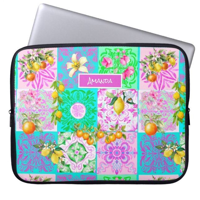 Chic rosa sizilianische Zitruscollage Blumenziegel Laptopschutzhülle (Vorderseite)