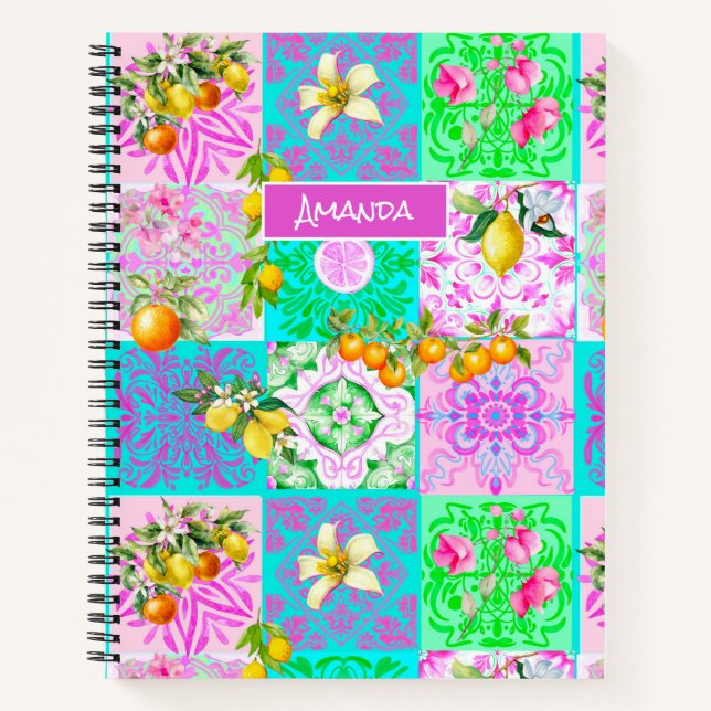 Chic rosa sizilianische Zitruscollage Blumenziegel Notizbuch (Vorderseite)