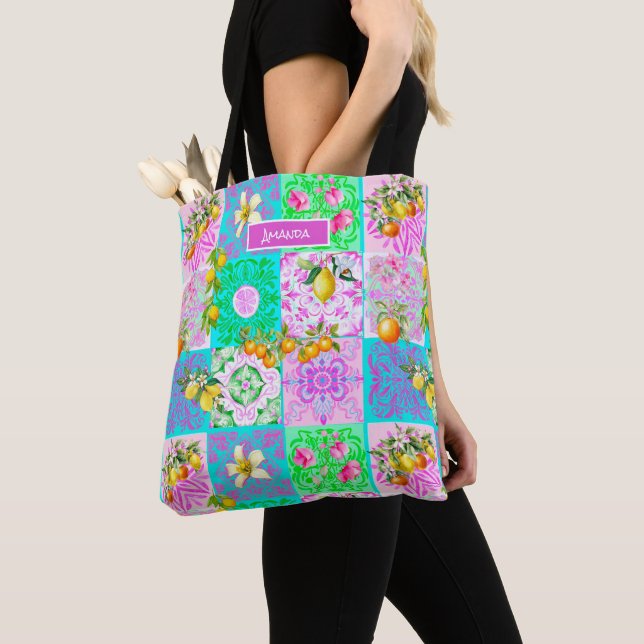 Chic rosa sizilianische Zitruscollage Blumenziegel Tasche (Von Nahem)