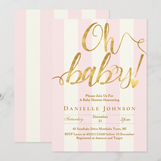 Chic rosa Streifen & goldfarbene Babydusche Einladung (Vorne/Hinten)