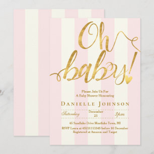 Chic rosa Streifen & Goldfolie Babydusche Einladung