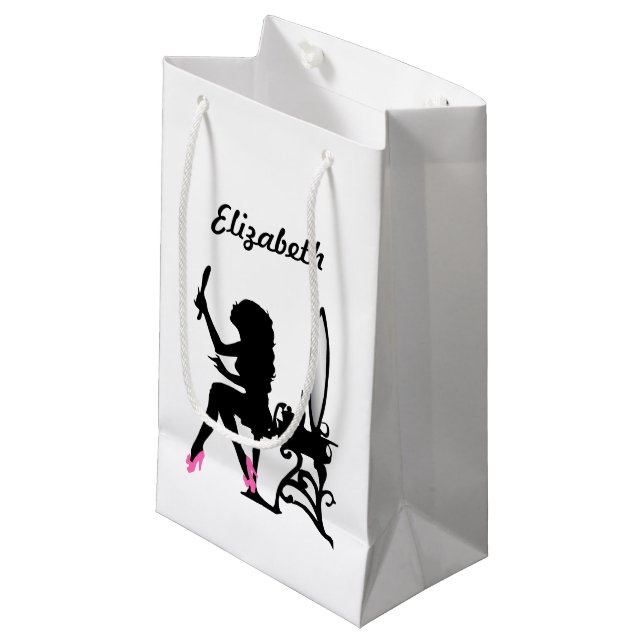 Chic-rosa und schwarze Frau der Mode-Silhouette Kleine Geschenktüte (Vorderseite Schrägansicht)