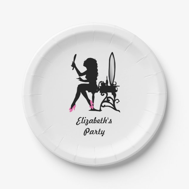 Chic-rosa und schwarze Frau der Mode-Silhouette Pappteller (Vorderseite)