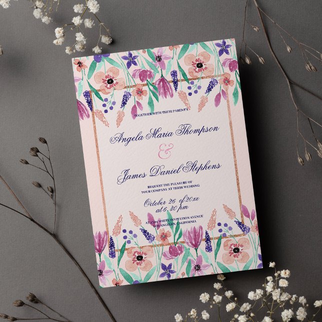 Chic rosa violett grüne Aquarellfarben Hochzeit mi Einladung (Chic pink violet green watercolor floral wedding)