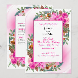 Chic rosafarbene Rosen- und Kiefernzapfen-Hochzeit Einladung