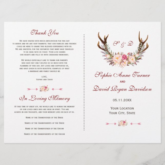 Chic Rose Blush Floral Antlers Programme de mariag (Devant)