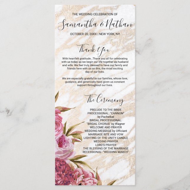 Chic rose Floral Gold Marble Programmes de mariage (Devant)