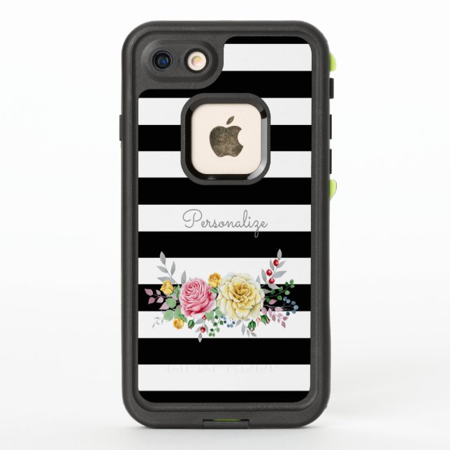 Chic Rose Floral Trendy Black Stripes und Name (Rückseite)