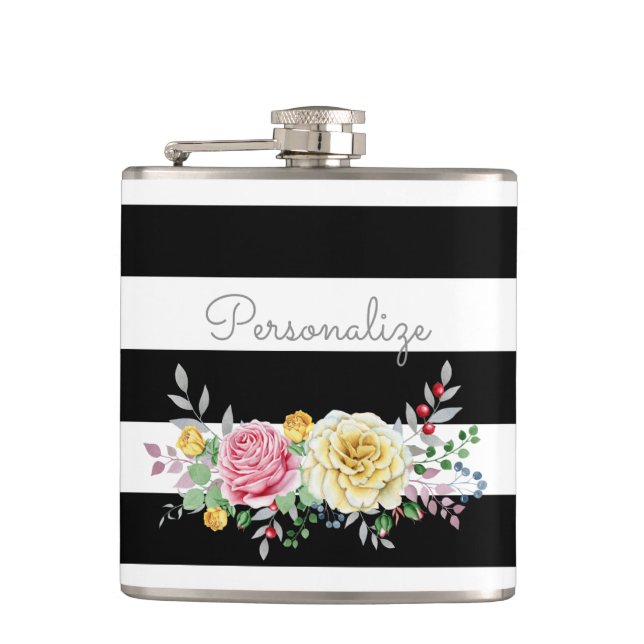 Chic Rose Floral Trendy Black Stripes und Name Flachmann (Vorderseite)