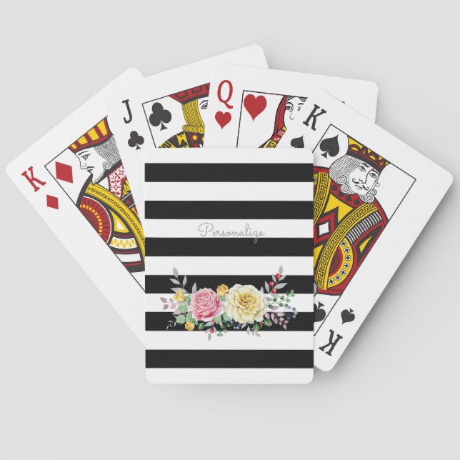 Chic Rose Floral Trendy Black Stripes und Name Spielkarten (Rückseite)