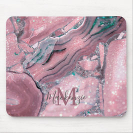 Chic Rose Gold Agate Geode Sparkle Monogram Mousepad