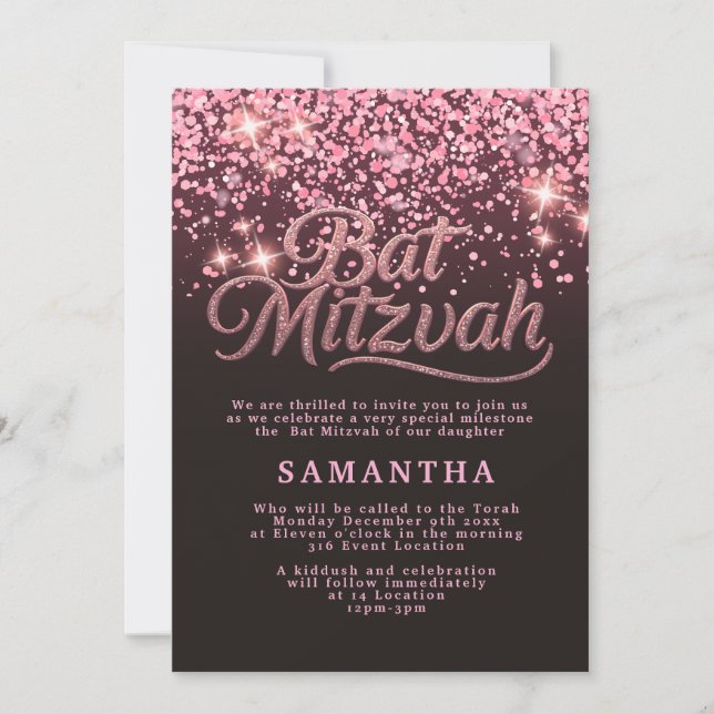 Chic Rose Gold & Black Bat Mitzvah Invitation (Devant)