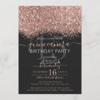 Chic Rose Gold Black Glitzer Confetti Quinceañera