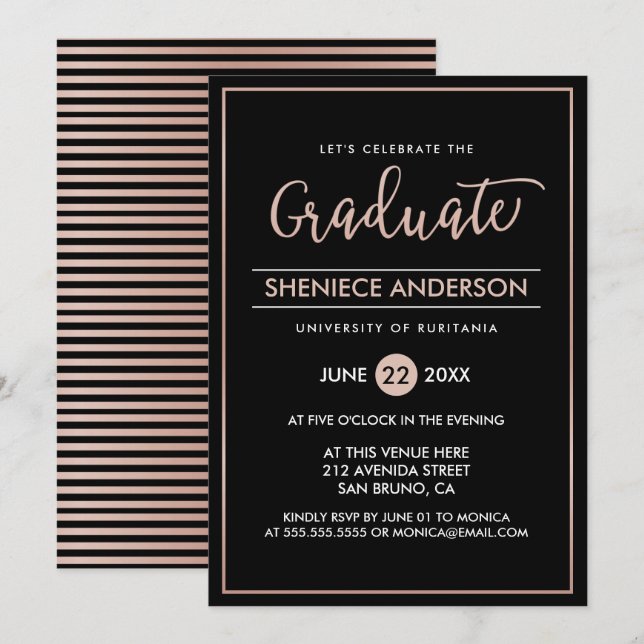 Chic Rose Gold & Black Script & Script Abschluss Einladung (Vorne/Hinten)