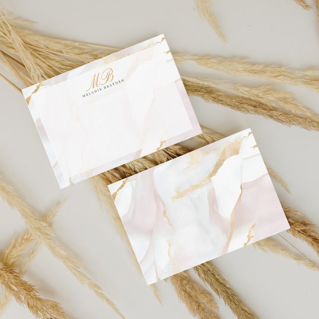 Chic Rose Gold Blush Pink Monogram Agate Marmor Mitteilungskarte (Von Creator hochgeladen)