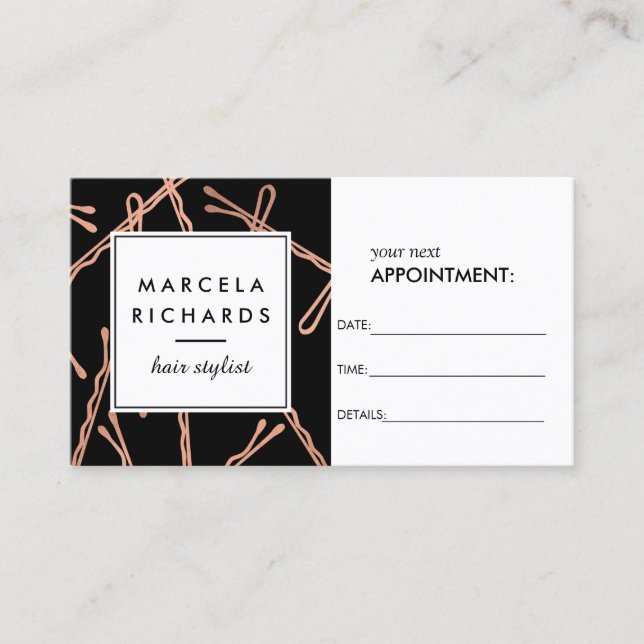Chic Rose Gold Bobby Buttone auf Black Appointing Terminkarte (Vorderseite)