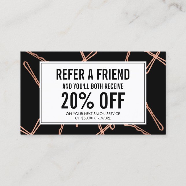 Chic Rose Gold Bobby Buttone auf Black Refercard Empfehlungskarte (Vorderseite)