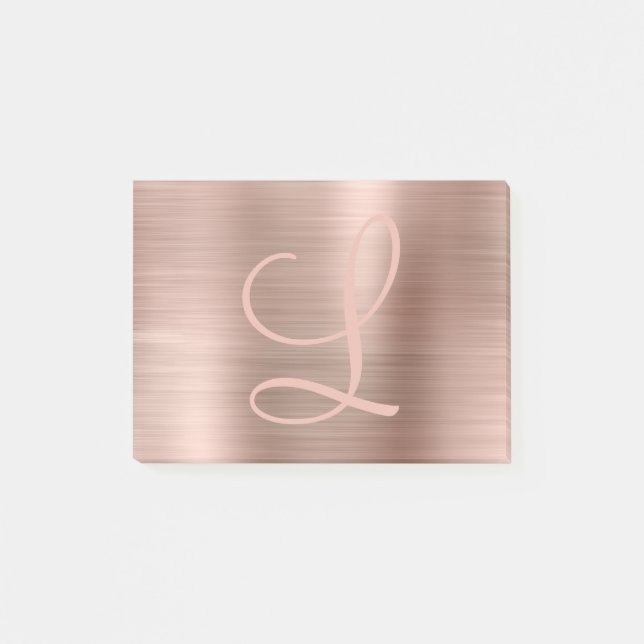 Chic Rose Gold Brushed Metallic Monogram Script Post-it Klebezettel (Vorderseite)