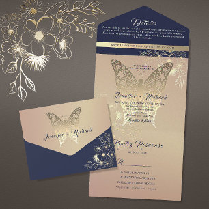 Chic Rose Gold Butterfly Wedding All In One Einladung