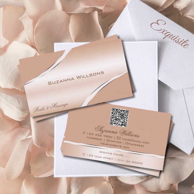 Chic Rose Gold Coral geschliffene Dekorlinien QR C Visitenkarte (Von Creator hochgeladen)