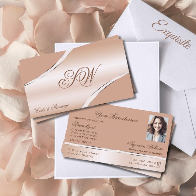 Chic Rose Gold Corvell Curved Lines Monogram Foto Visitenkarte (Von Creator hochgeladen)